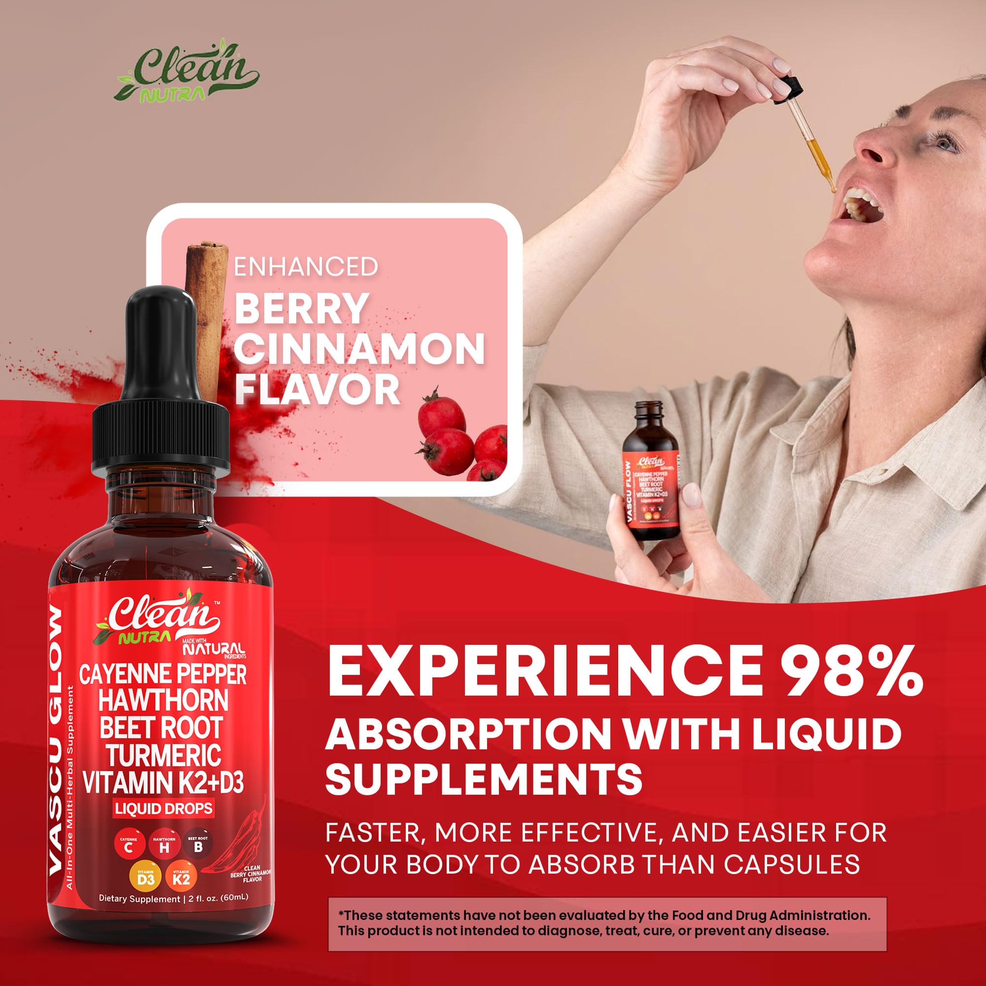 Clean Nutra Cayenne Pepper Drops Supplement Liquid + Hawthorn Berry, Vitamin D3 K2 Beet Root Powder, Ceylon Cinnamon, Turmeric Curcumin, Organic Panax Ginseng, Berberine Extract 1 Pack