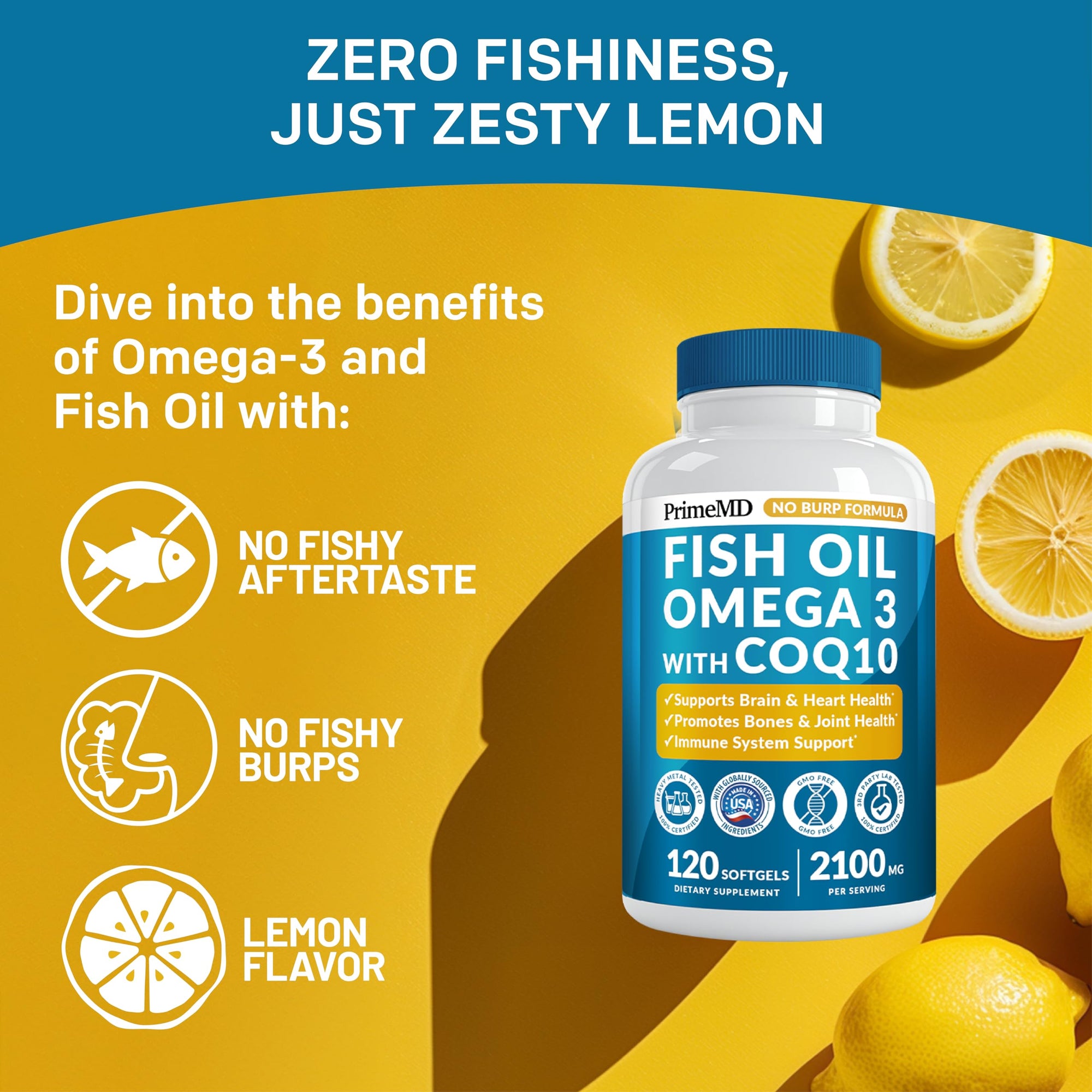 5-in-1 Fish Oil Omega 3 Fatty Supplements (2100mg) - Omega 3 Fish Oil with Vitamins D3 K2 and CoQ10 - Lemon Flavored (120 softgels)
