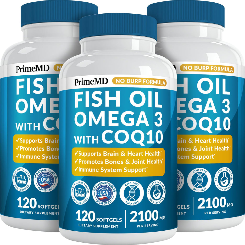 5-in-1 Fish Oil Omega 3 Fatty Supplements (2100mg) - Omega 3 Fish Oil with Vitamins D3 K2 and CoQ10 - Lemon Flavored (120 softgels)