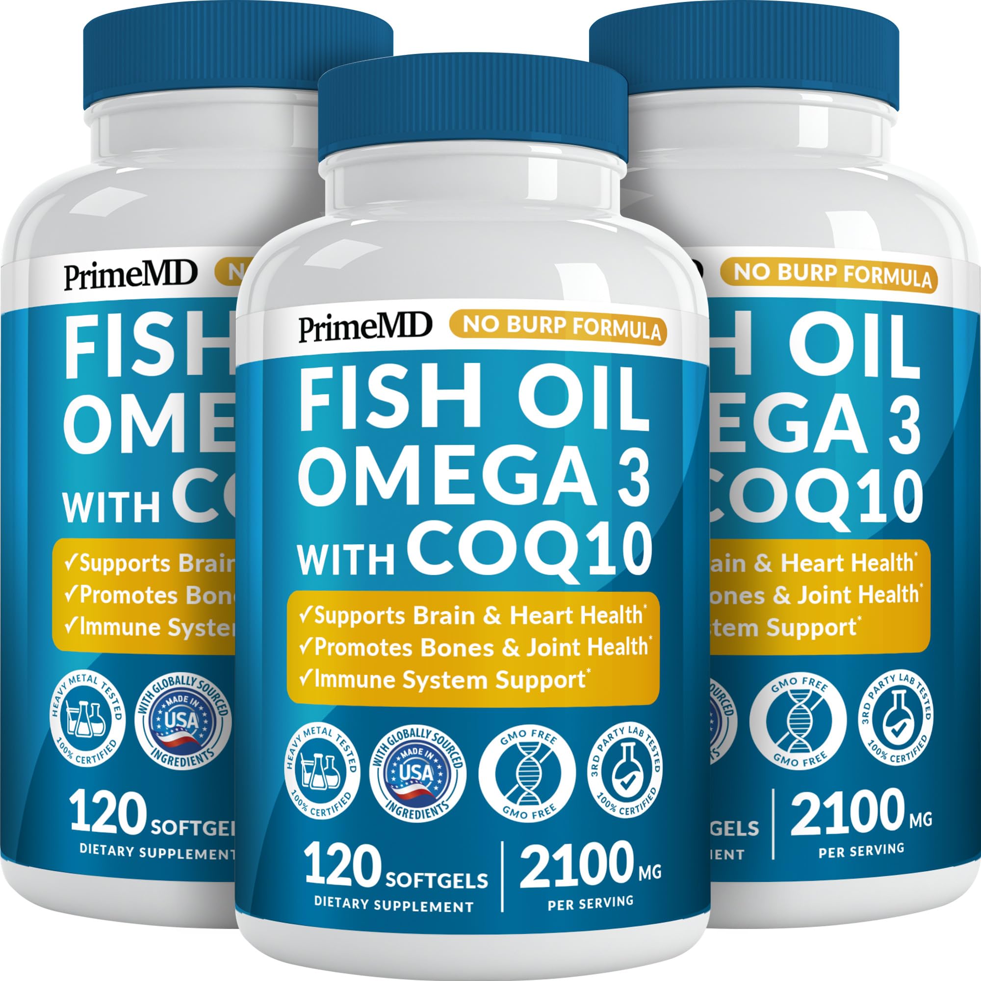 5-in-1 Fish Oil Omega 3 Fatty Supplements (2100mg) - Omega 3 Fish Oil with Vitamins D3 K2 and CoQ10 - Lemon Flavored (120 softgels)