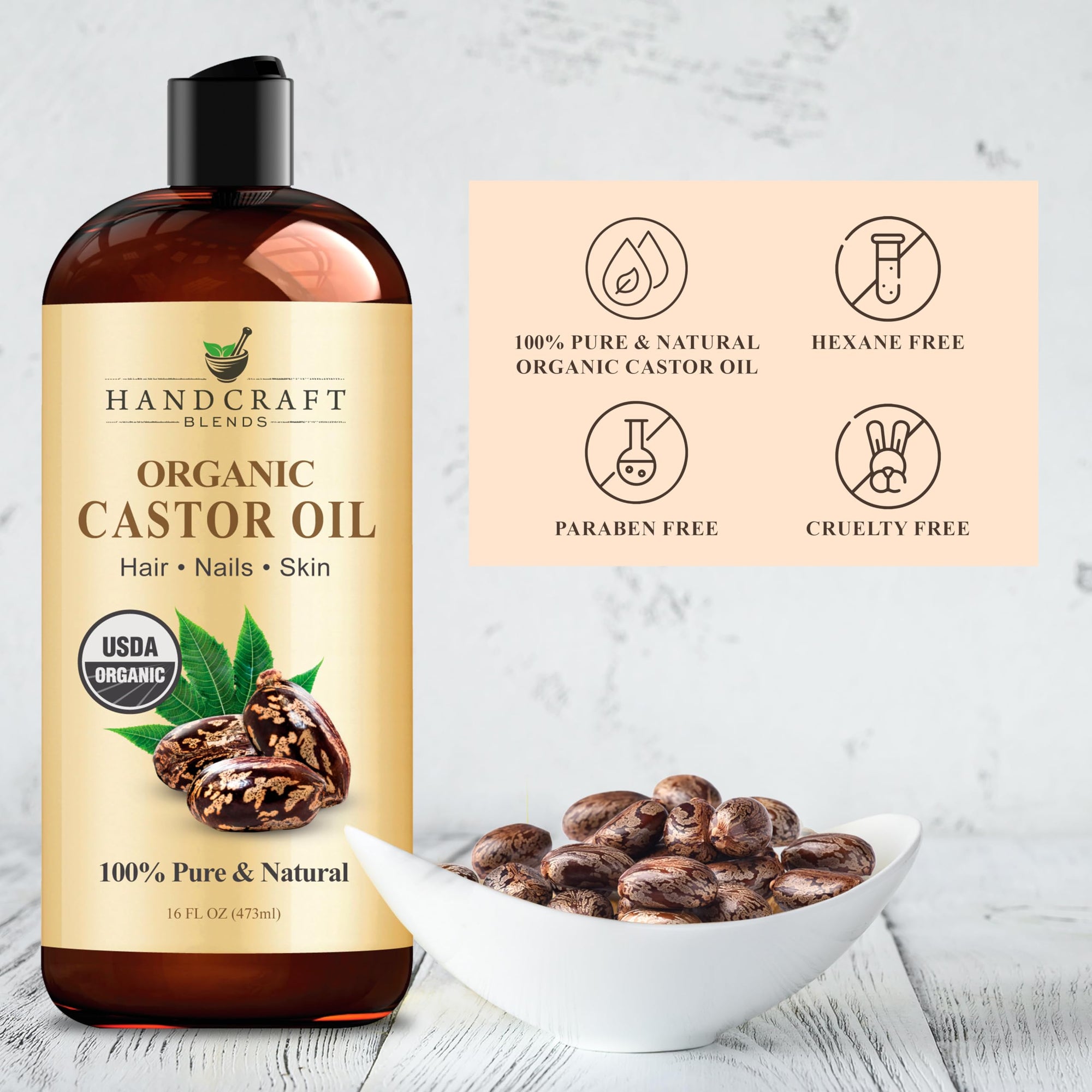Handcraft Blends Organic Castor Oil - 16 Fl Oz - 100% Pure and Natural - Premium Grade Carrier Oil for Hair Growth, Eyelashes and Eyebrows - Hair and Body - Expeller-Pressed & Hexane-Free