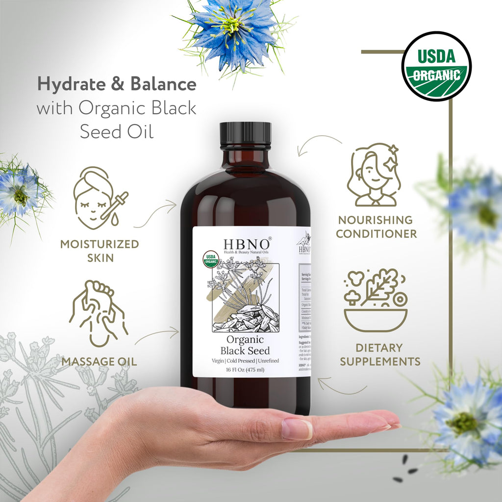 HBNO Organic Black Seed Oil 4 fl oz (120ml) - USDA Certified Organic Black Seed Oil Organic Cold Pressed - Natural Black Cumin Seed Oil Organic