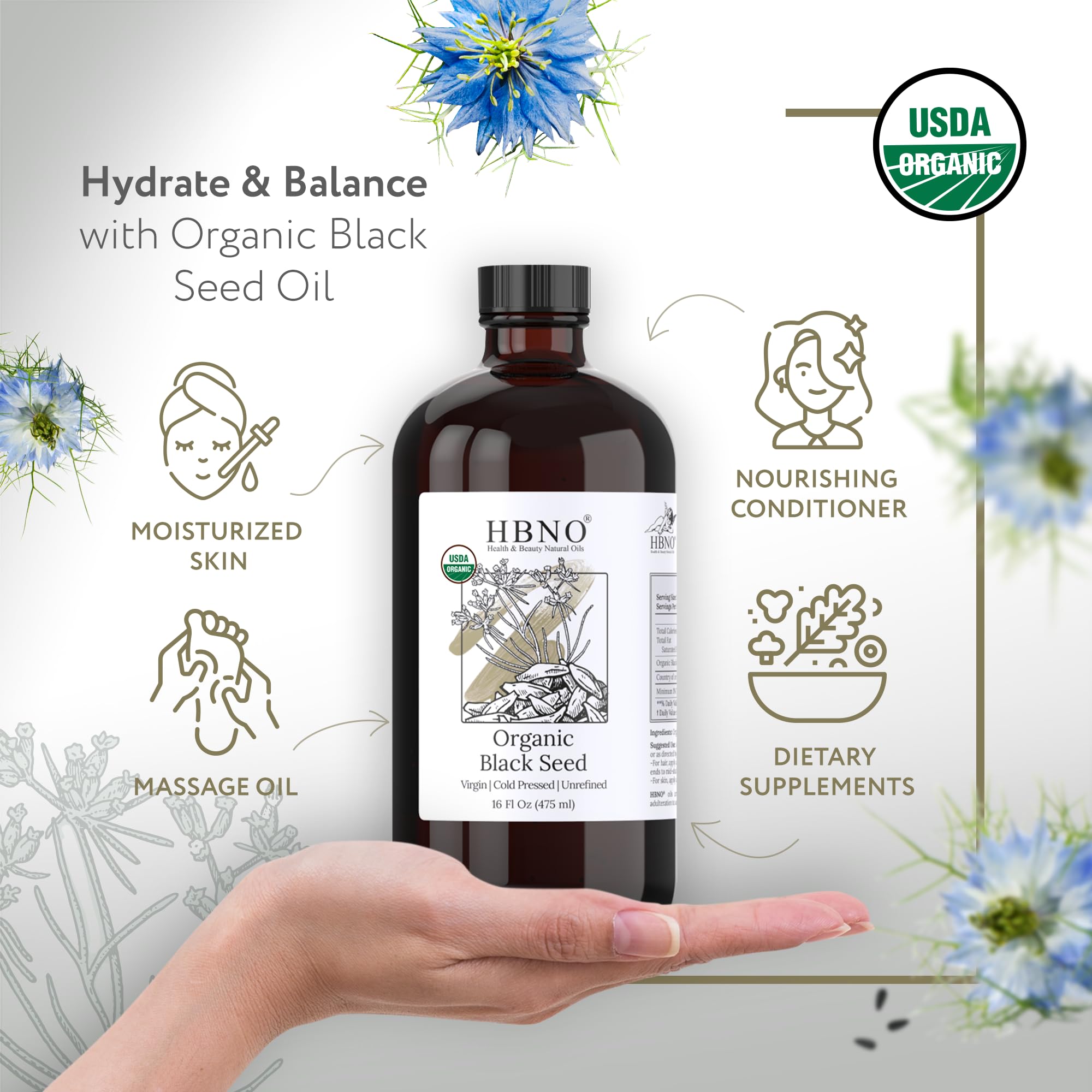 HBNO Organic Black Seed Oil 4 fl oz (120ml) - USDA Certified Organic Black Seed Oil Organic Cold Pressed - Natural Black Cumin Seed Oil Organic