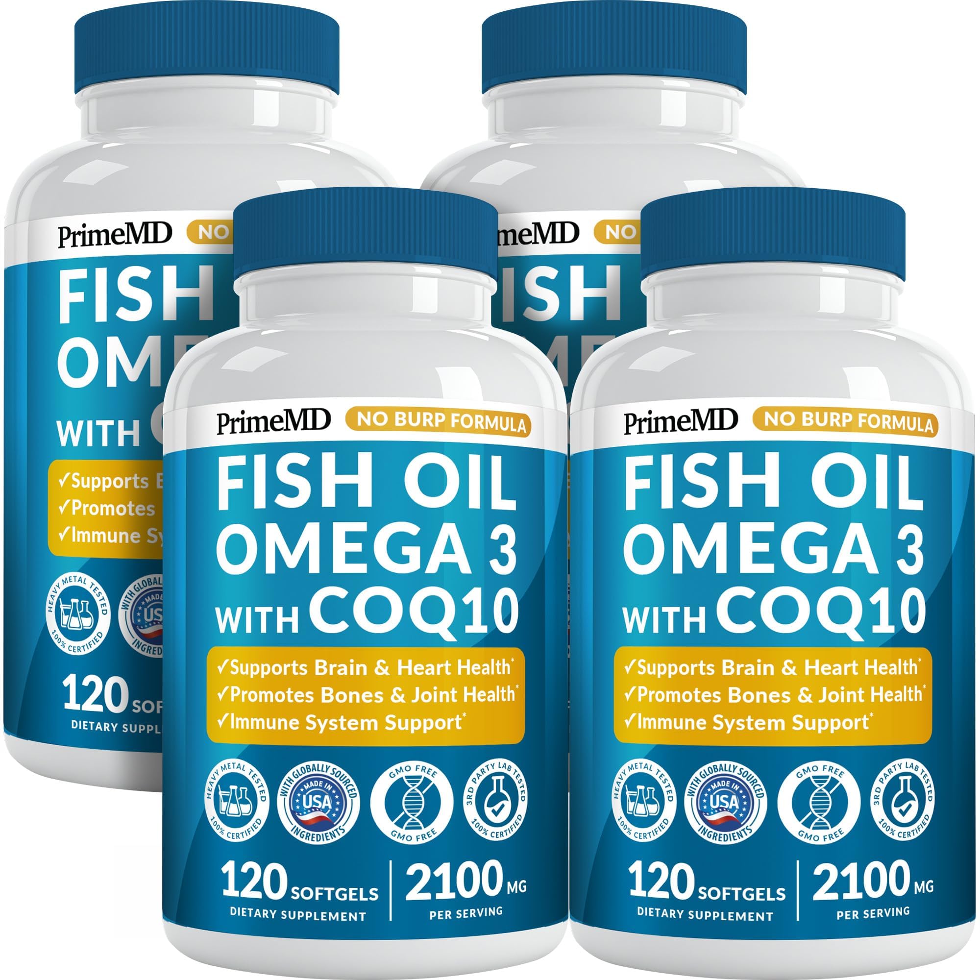 5-in-1 Fish Oil Omega 3 Fatty Supplements (2100mg) - Omega 3 Fish Oil with Vitamins D3 K2 and CoQ10 - Lemon Flavored (120 softgels)