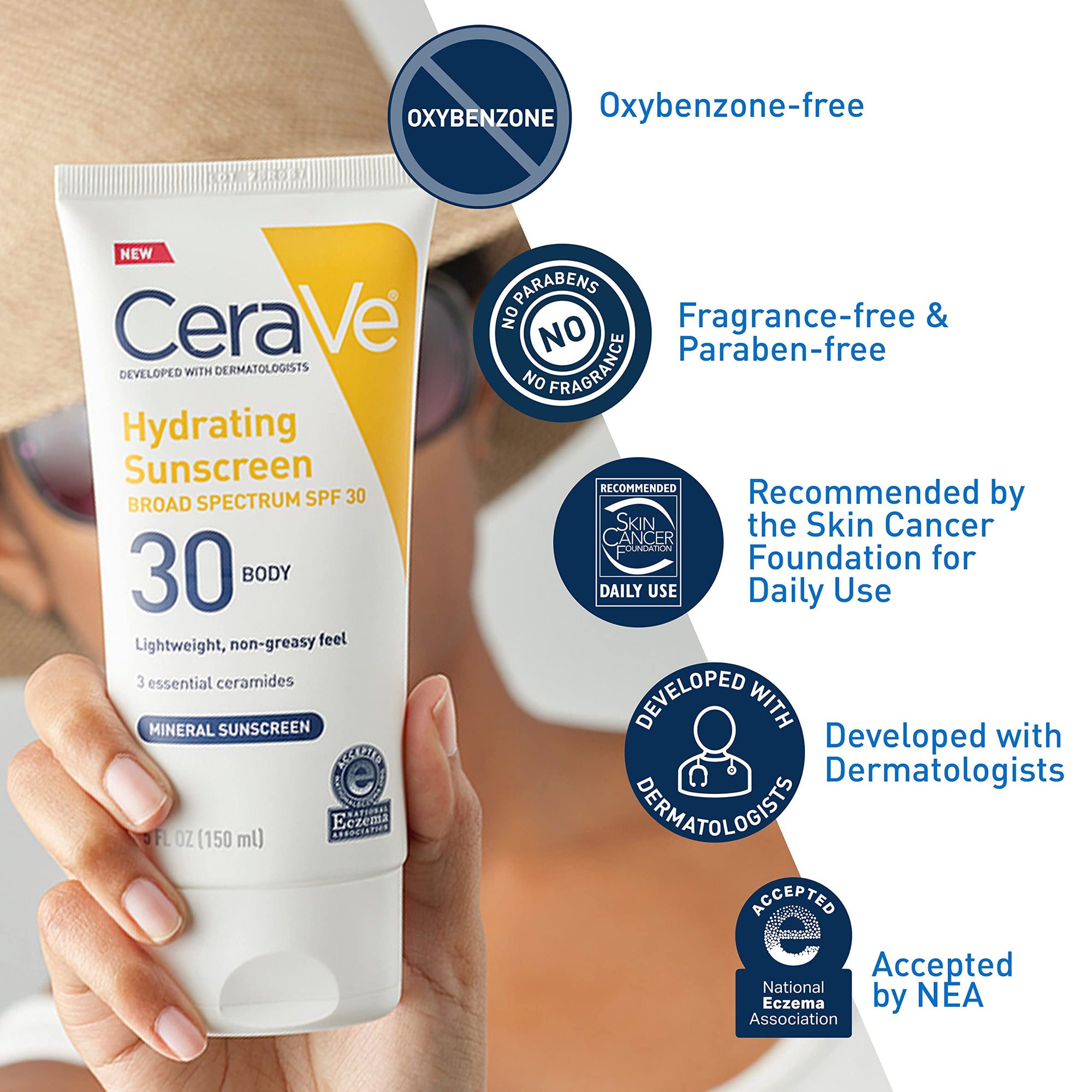 CeraVe 100% Mineral Sunscreen SPF 50 with Zinc Oxide & Titanium Dioxide, Hyaluronic Acid & Ceramides, Oil Free & Non-Greasy, Hydrating Mineral Sunscreen For Body, 5 oz