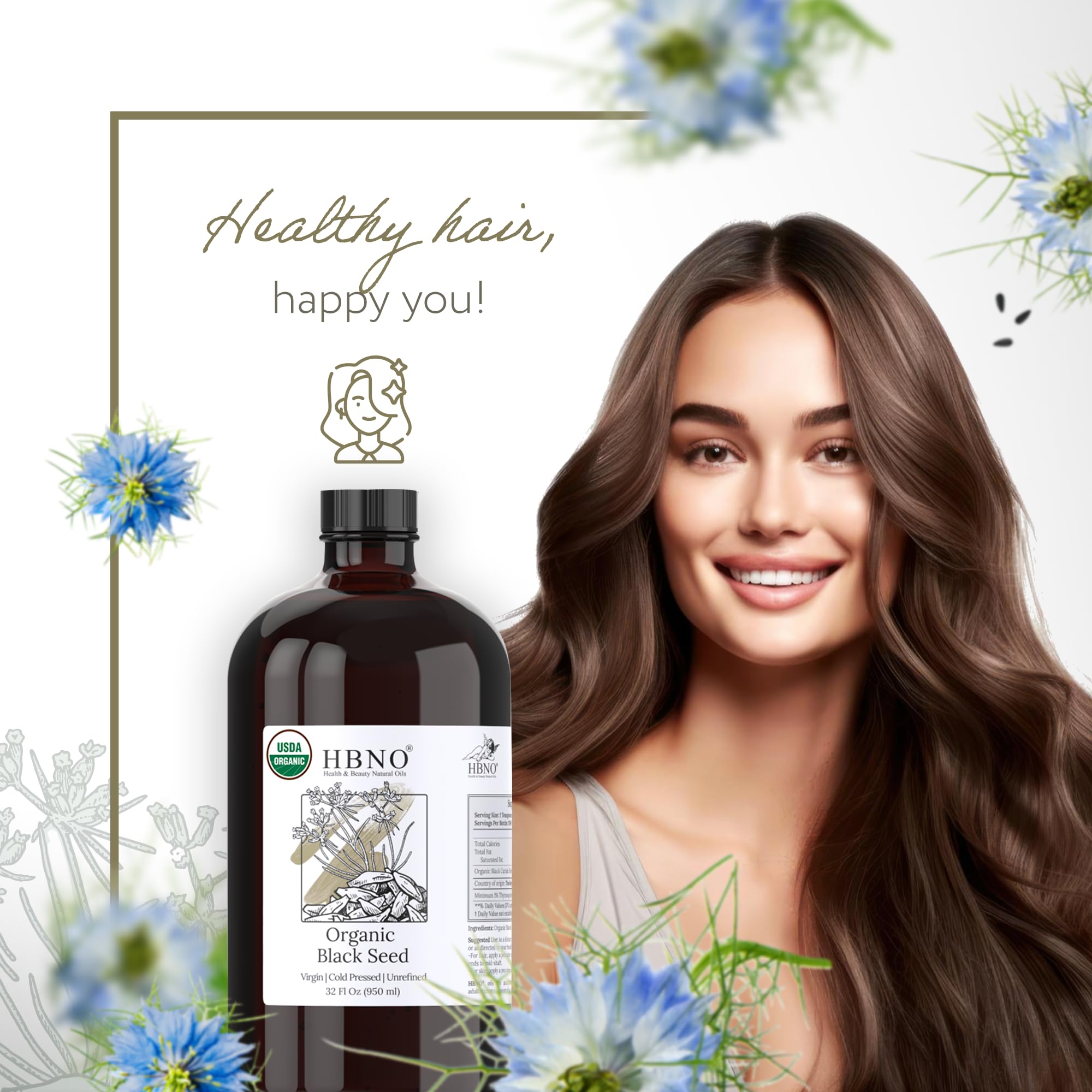 HBNO Organic Black Seed Oil 4 fl oz (120ml) - USDA Certified Organic Black Seed Oil Organic Cold Pressed - Natural Black Cumin Seed Oil Organic