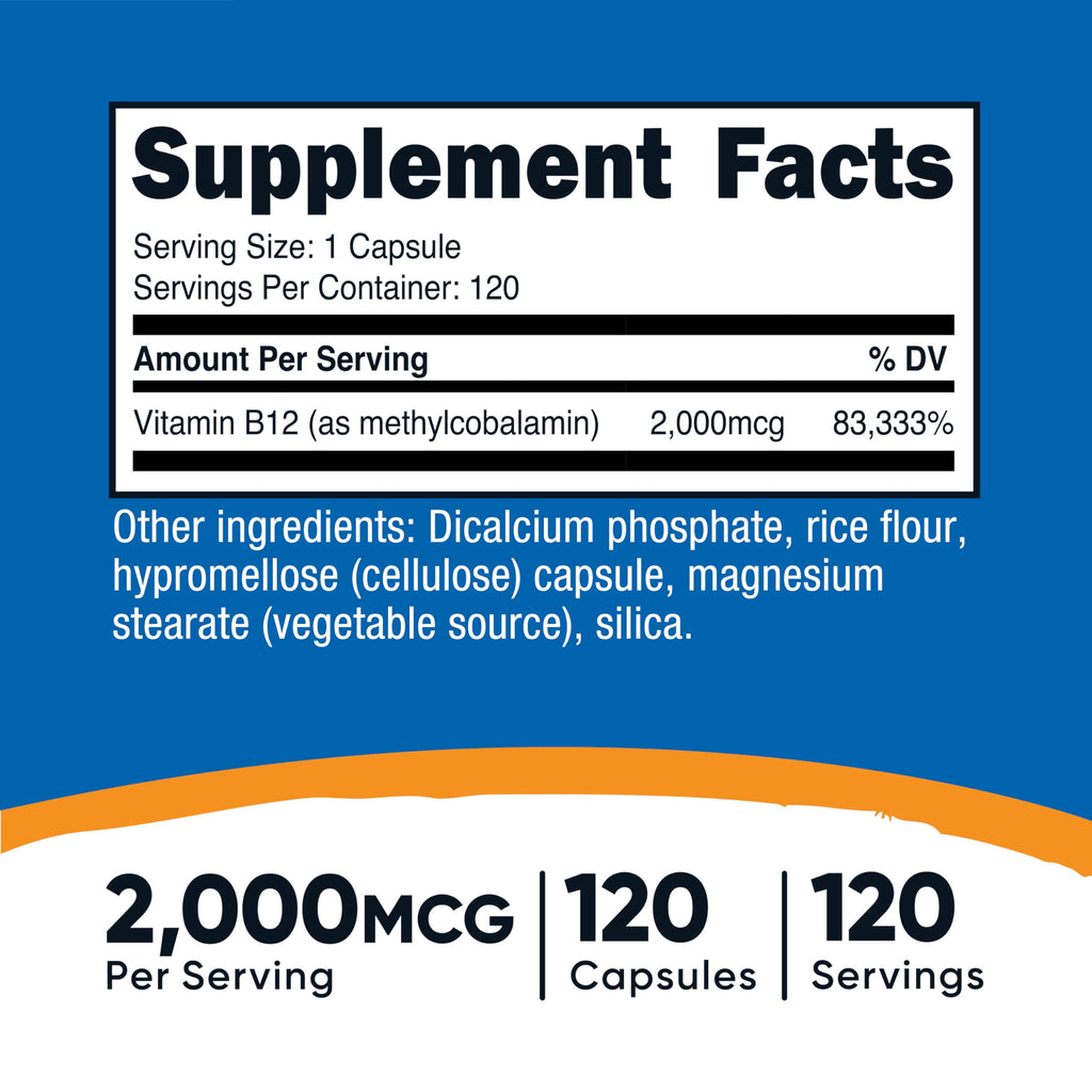 Nutricost Vitamin B12 (Methylcobalamin) 2000mcg, 120 Capsules - Vegetarian Caps, Non-GMO, Gluten Free B12 Supplement