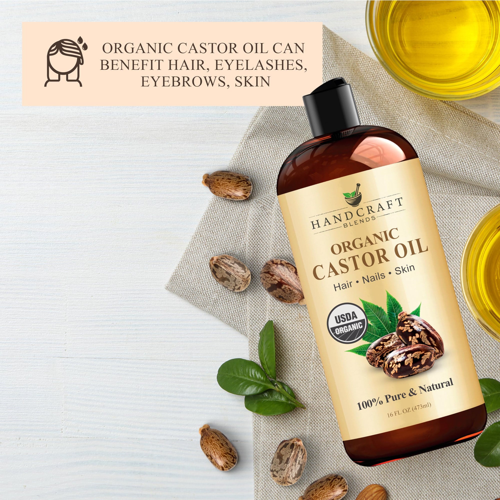 Handcraft Blends Organic Castor Oil - 16 Fl Oz - 100% Pure and Natural - Premium Grade Carrier Oil for Hair Growth, Eyelashes and Eyebrows - Hair and Body - Expeller-Pressed & Hexane-Free